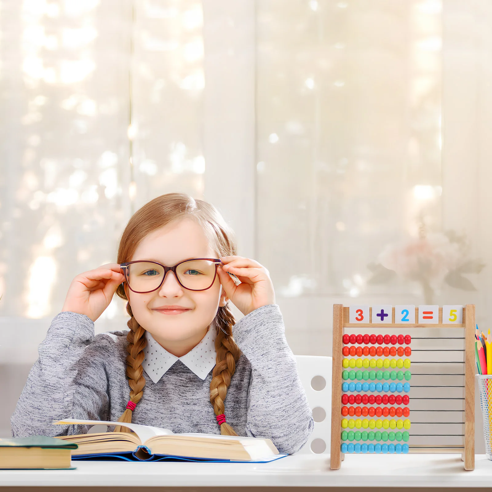 1 set Abaco in legno colorato per bambini Strumento per l'apprendimento della matematica Conteggio di carte numeri giocattolo Sussidi didattici per l'aritmetica educativa