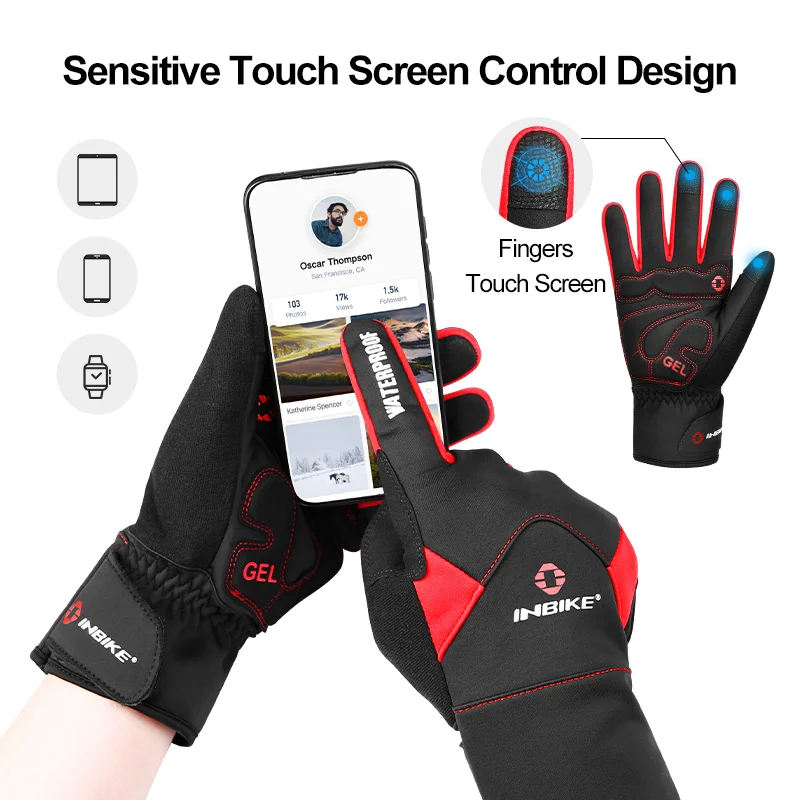 INBIKE Touch Screen Cycling Gloves Winter Thermal Warm Windproof Full Finger Waterproof Bicycle Road Bike Gloves For Men Women