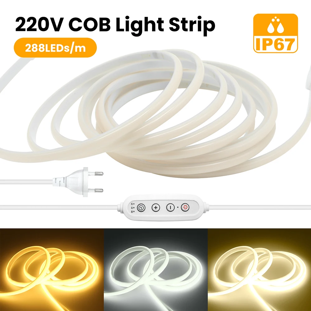 220V 5m 10m 20m 30m LED COB Neon Strip Light 4key Dimmer Switch Power Kit 288 LEDs Flex Milky Tube Lamp 3000K 4000K 6000K 0.5m