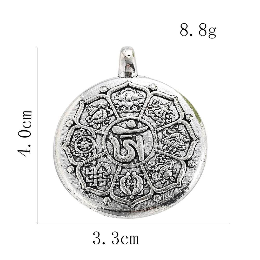 Tibetan Buddhism Sanskrit Om Eight Treasures Auspicious Lotus Flower Charms Metal Pendant Necklace Mascot Amulet Dangle Jewelry