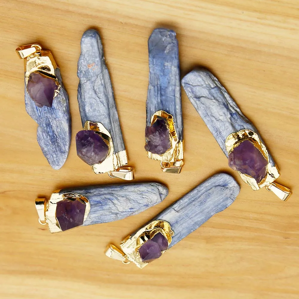 Natural Raw Ore Blue Crystal Bar Inset Amethyst Necklace Pendants Irregular Degaussing Jewelry Wholesale 6Pcs/ Lot Free Shipping