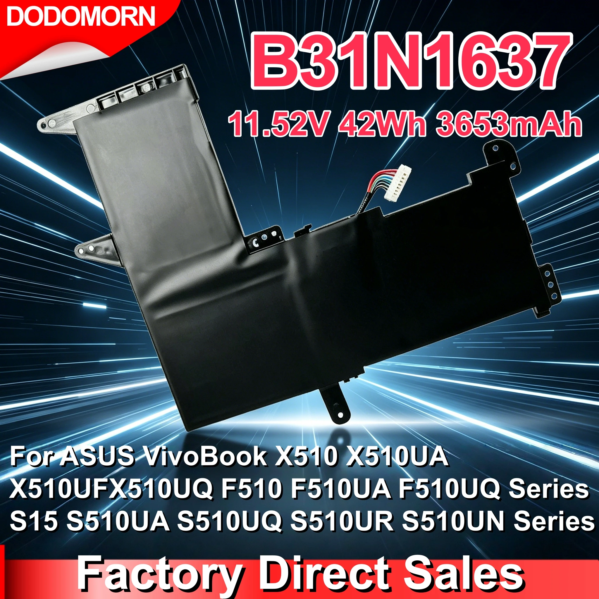 

High quality C31N1637 B31N1637 Battery for ASUS VivoBook S15 S510 X510 F510 UA UQ UF UN UR B31Bi2H 0B200-02590100