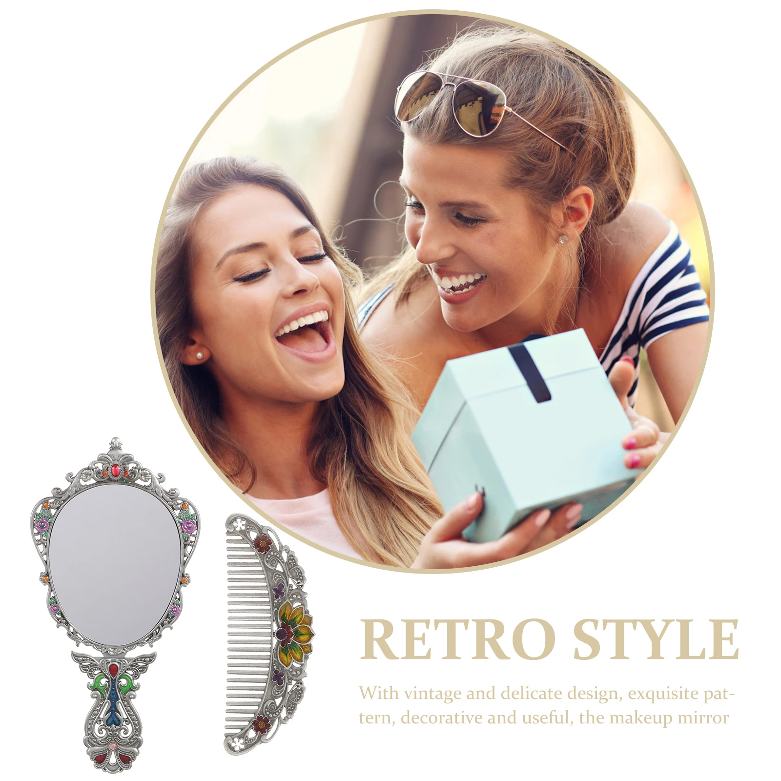 مجموعة واحدة من مرآة المكياج العتيقة المعدنية المحمولة القابلة للطي ومجموعة مشط مرآة محمولة بتصميم رائع ومتينة هدية للنساء #5