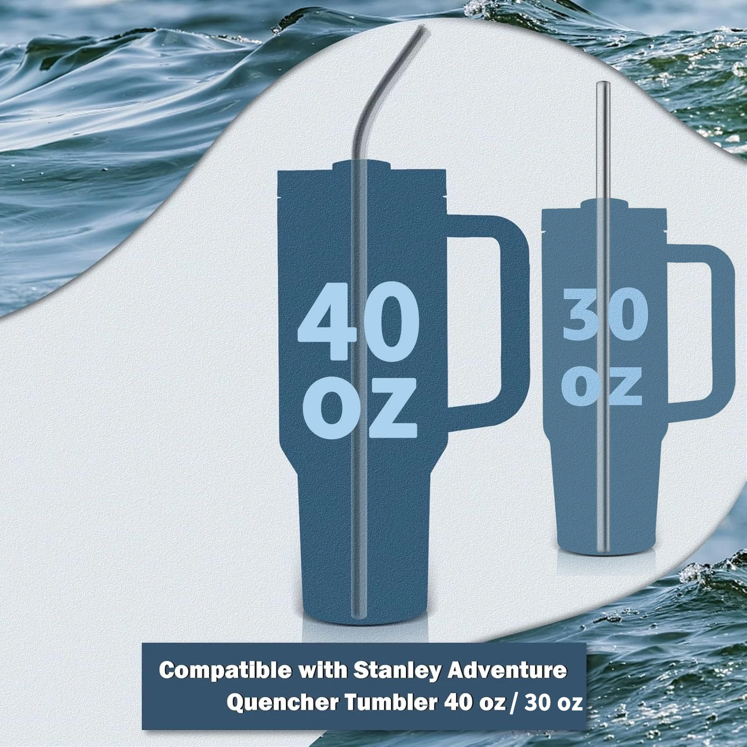 8PC Compatible with Stanley 30/40oz Cup Tumbler Straight Bent Stainless Steel Straw Silver 8mm Straw Reusable Cleaning Brush Set
