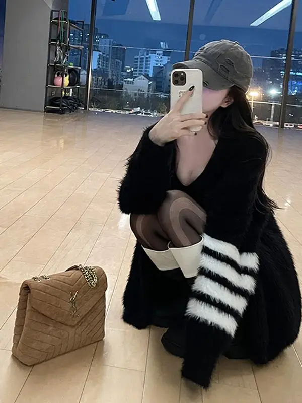 Black Mink Knit Sweater Cardigan Long V-Neck Loose Women's Autumn Winter New Lazy Style Knitted Outerwear Comfortable Coat