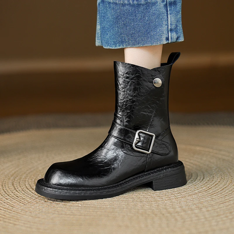 

Новинка 2023 года, женские ботильоны из спилка, с круглым носком и пряжкой, осенне-зимняя модная женская короткая обувь, женские ботинки челси