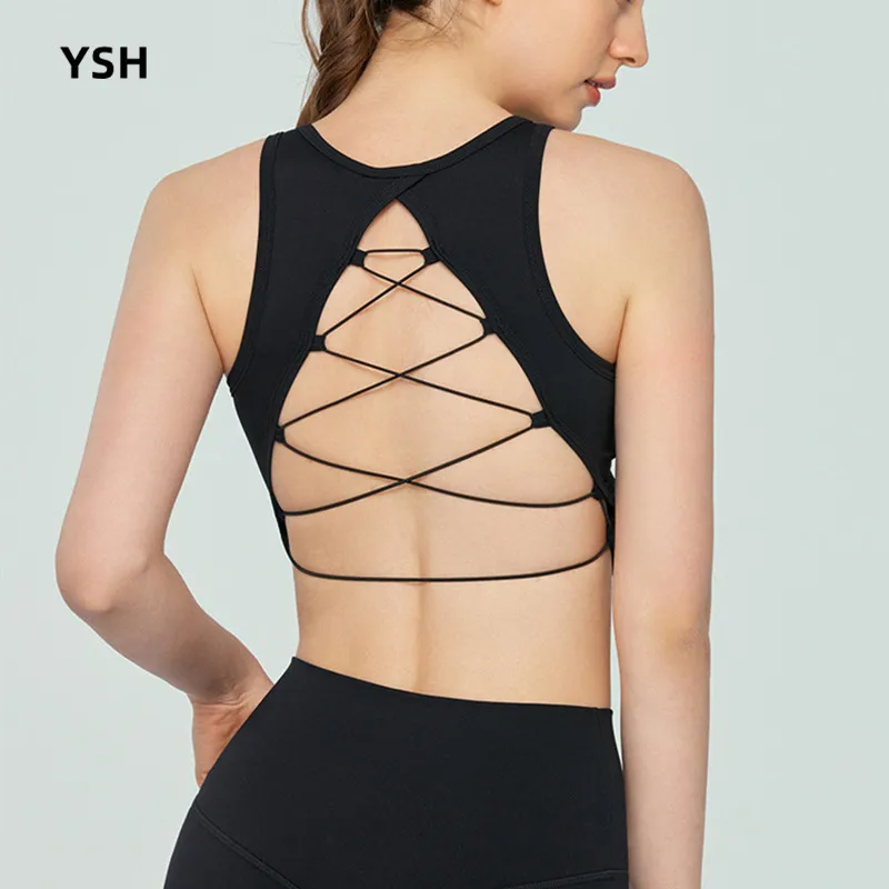 Spring New Weaving Beautiful Back Yoga Vest Women Fitness Crop Top Shockproof Sports Bras Sleeveless Training Gym Running Vest S