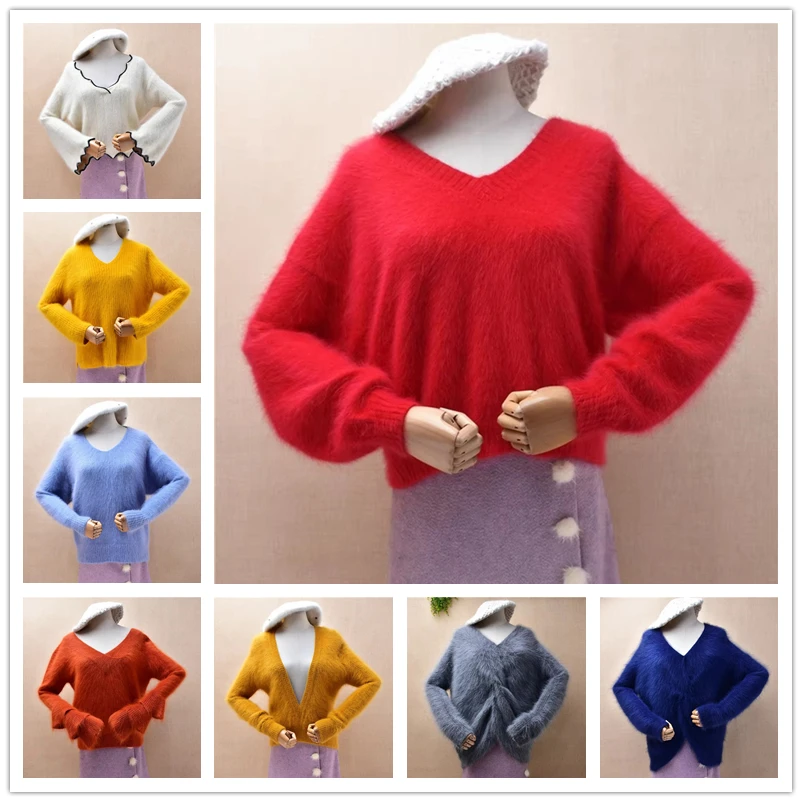 

Ladies Women Autumn Winter Clothing Red Hairy Plush Mink Cashmere Knitted V-Neck Long Sleeves Crop Top Loose Pullover Sweater