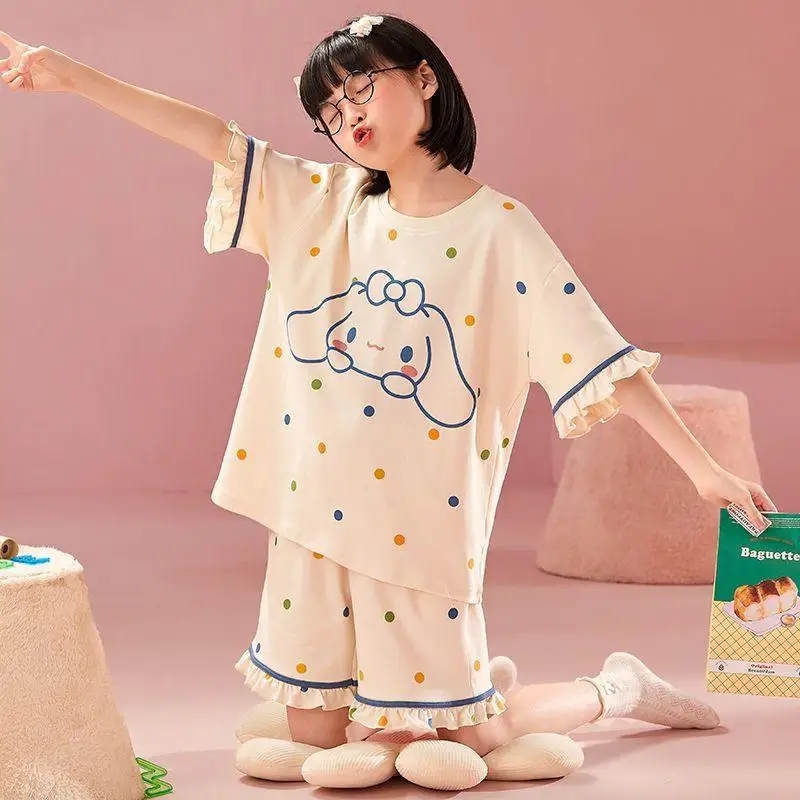 

Sanrio Girls' Summer Pajamas 2Pcs Cinnamoroll Girls' Short Sleeved Pure Cotton Round Neck Cartoon Kuromi Children's Home Clothes