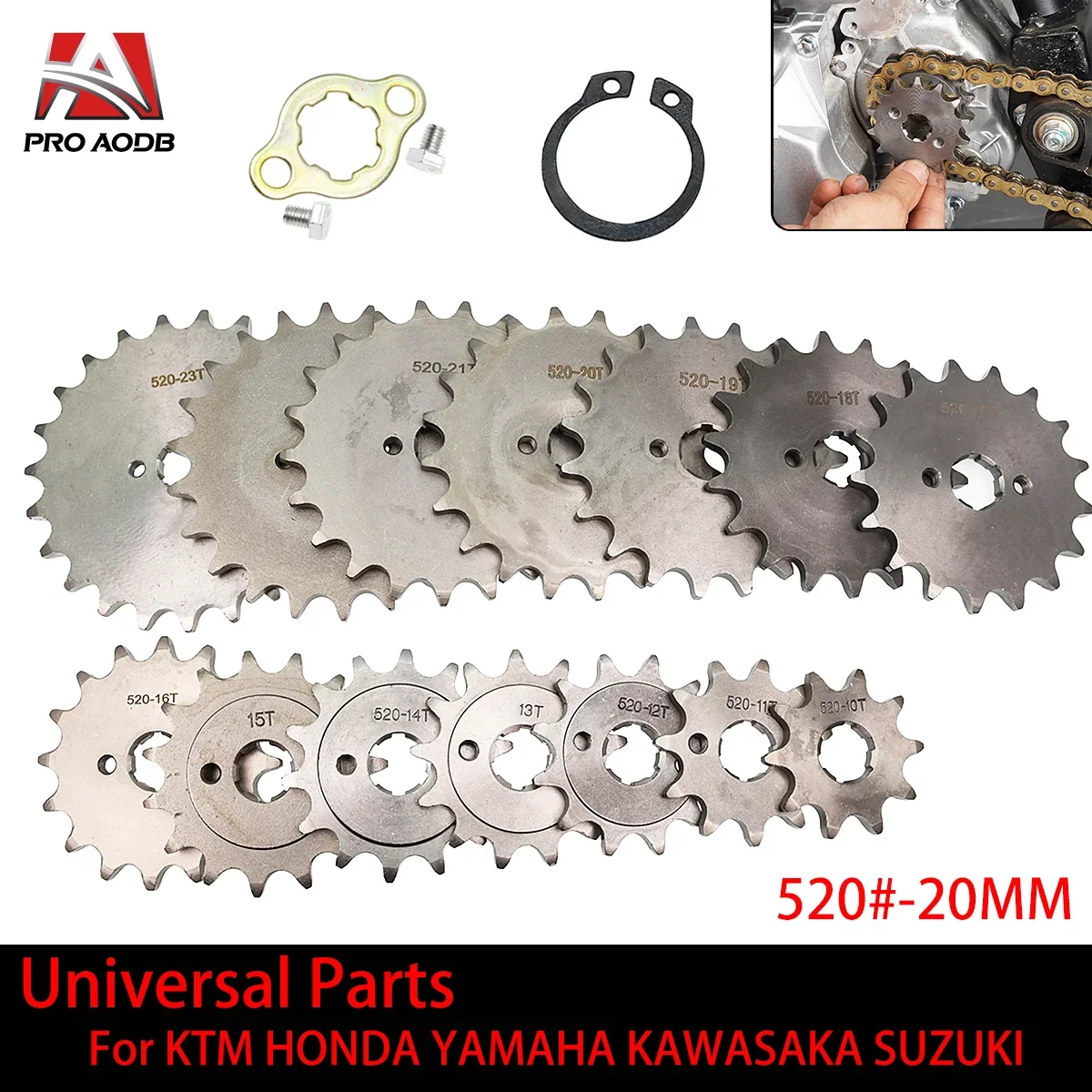 

520 20mm 10T 11T 12T 13T 14T 15T 16T 17T 18T 19T 20T 21T 22T 23T Front Engine Sprocket Chain Sprocket With Retainer Plate Locker