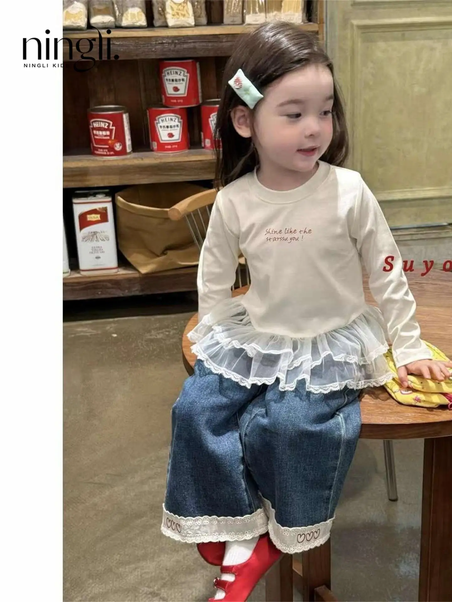 

Комплект из 3 предметов для девочек, круглые кружевные длинные брюки с вышивкой Ne Splice, прямые брюки, осеннее новое поступление, детская мода