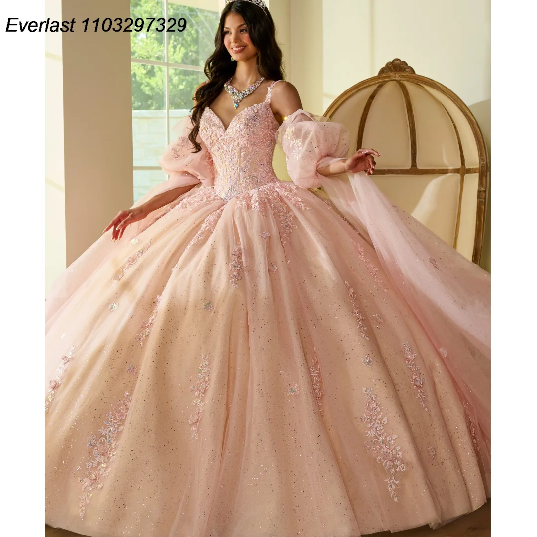 

EVLAST Princess Pink Quinceanera Dress Ball Gown Lace Applique Beading Puffy Sleeve Mexican Sweet 16 Vestido De 15 Anos TQD463