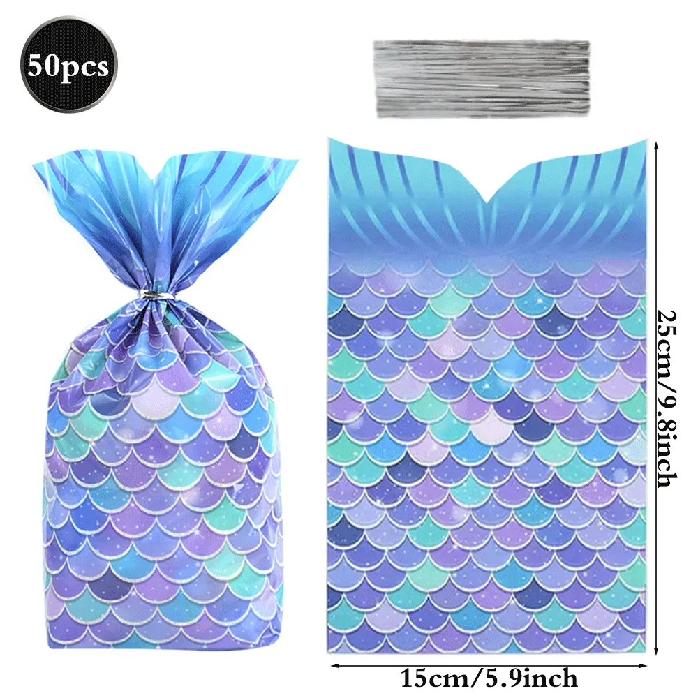 50 Stück Meerjungfrauen-Party-Geschenktüten, Zellophan-Süßigkeitenbeutel, Unterwasser-Thema, Mädchen-Geburtstagsparty-Deko, Baby-Shower-Zubehör – Detail 2