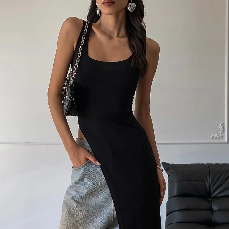 WhereMery Summer Sexy Sleeveless Slit Dress Y2K Elegant Women Long Dresses 2024 Fashion Irregular Party Club Split Dresses