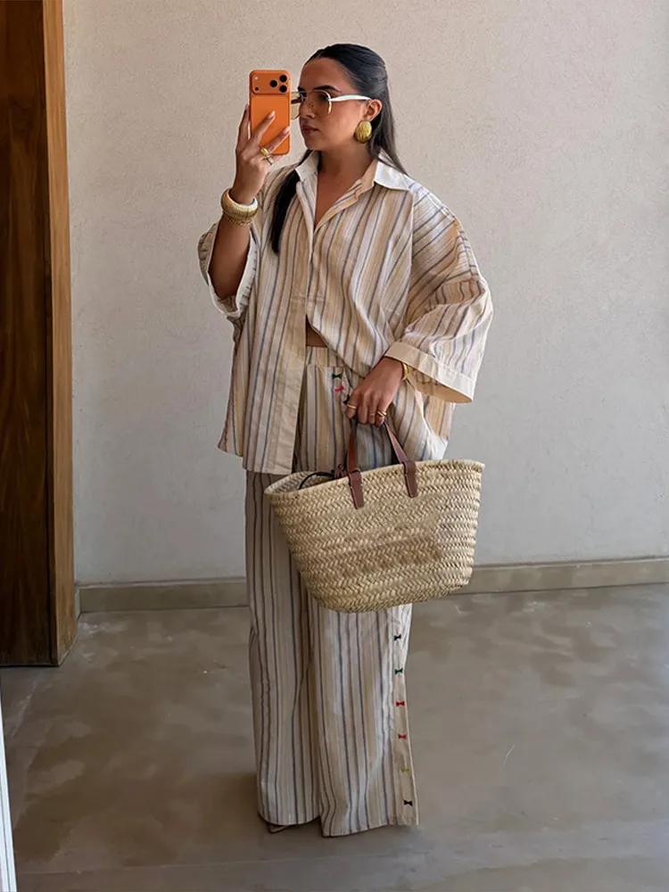 Gestreifte Oversize-Hemd-Hosen-Kombination für Damen, Lässiges Langarm-Oberteil mit Einzelknopfleiste, Weite Hosen, Schicke Damen-Sets – Detail 7
