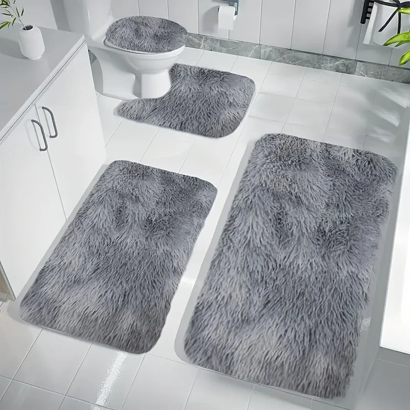4-Piece Luxury Plush Bathroom Carpet Set Super Absorbent, Non Slip Shower Bathtub Pad, And Toilet Pad - Soft Polyester Fiber,