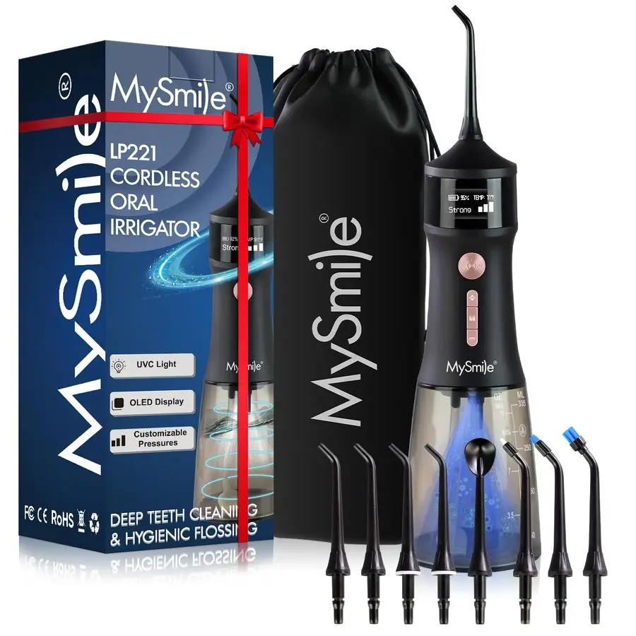 LP221 UVC Sterilizable Cordless Water Flossers for Teeth 335ML Portable OLED Display Dental Flosser with 4 Modes 8 Jet Tips and