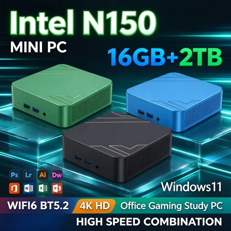 New Form‑Factor Intel N150 Mini PC Windows 11 16GB RAM 1TB/2TB SSD WiFi6 BT5.2 High‑Speed Host for Home Office Daily Gaming Use