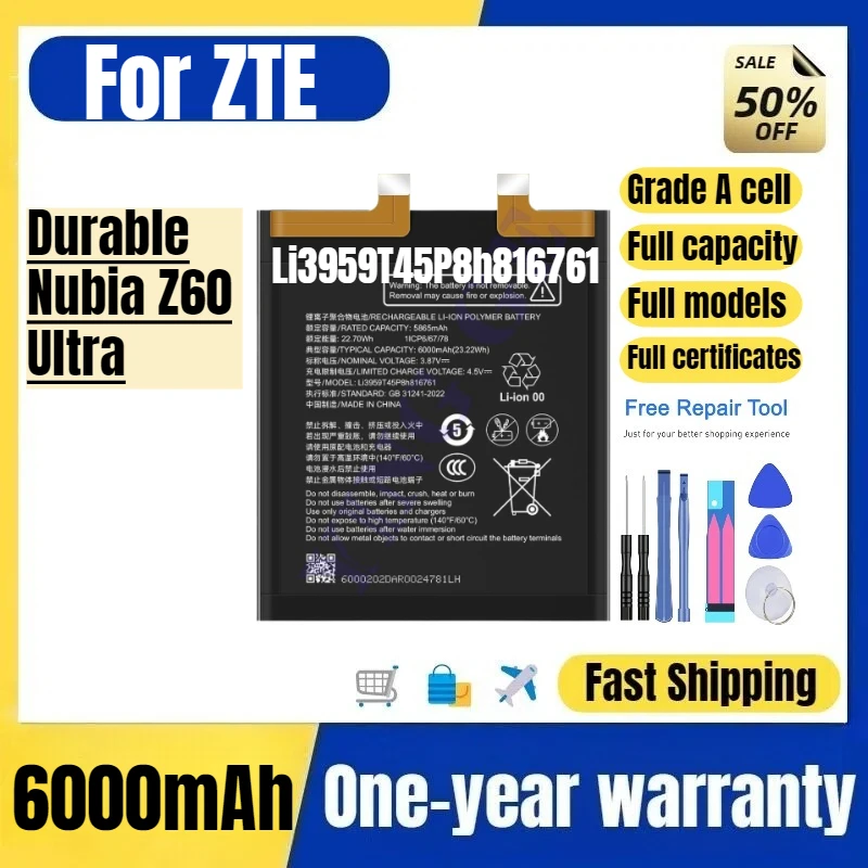 Li3959T45P8h816761 for ZTE  Durable Nubia Z60 Ultra Phone Battery High Quality Replacement Bateria Grade A Cell with Tools