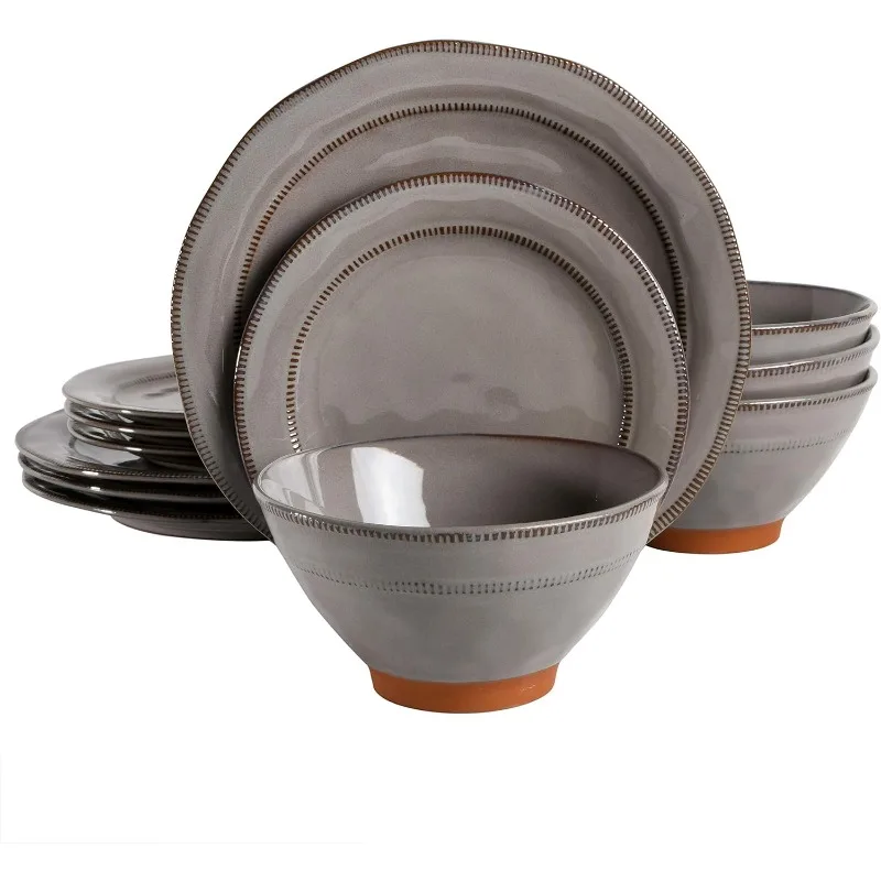 Round Reactive Glaze Terra Cotta Dinnerware Set, Service for Four (12pcs), Grey