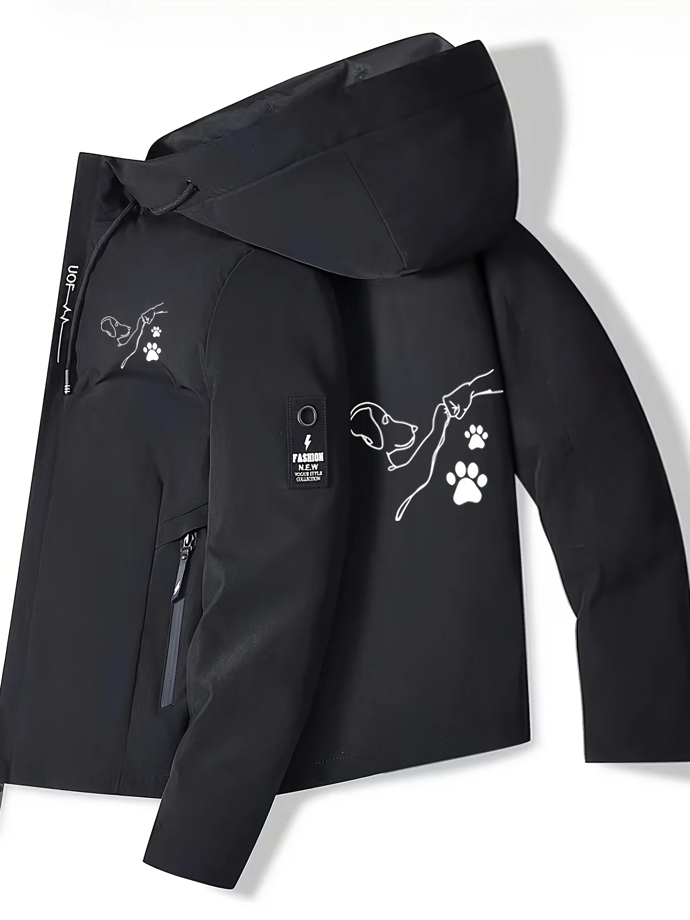 

Unisex Paw Print Windbreaker - All-Season Outdoor Jacket Loose Fit With Pockets Windproof Durable Black Casual Coat