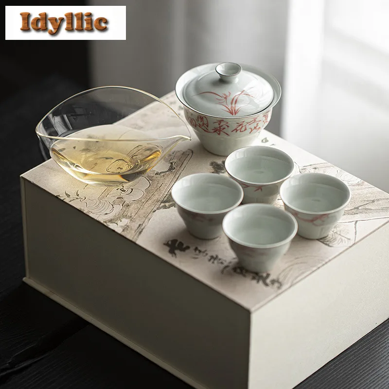 

Hand-painted Underglaze Red Bamboo Orchid Tea Set Complete Set Boutique Tea Ceremony Set Teapot And Tea Cup Set Cha Ornaments