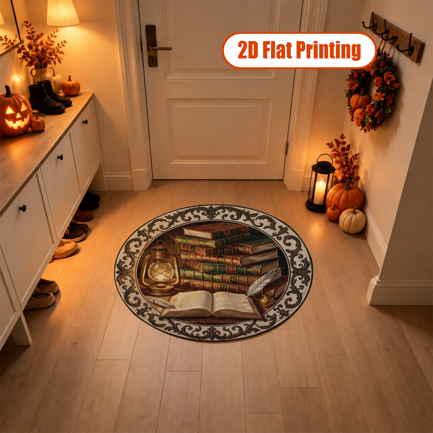 Vintage Books Lantern Quill Scrollwork Round Area Rug, Velvet Material, Machine Washable, Stays Firmly In Place, Suitable for Living Room, Study, Office, Bedroom, Great for Halloween, Thanksgiving, Christmas, New Year, Black Friday, Cyber Monday