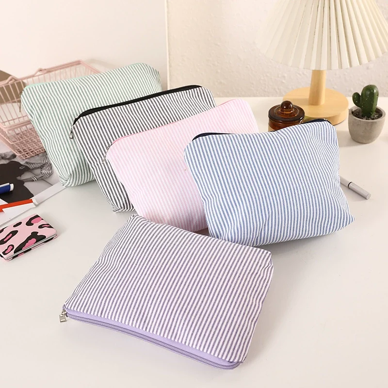 Striped Women Cosmetic Bag Large Capacity Cute Girls Portable Travel Skincare Wash Storage Makeup Pouch