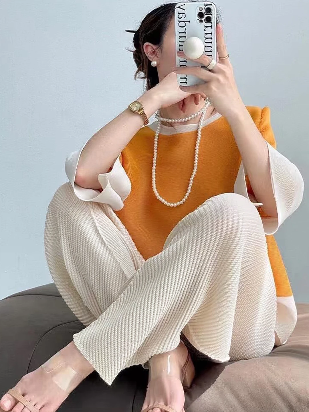 High Waist Pleated Casual Women's Straight Leg Pants Multiple Colors Loose Fit Fish Scale Folded Long Trousers