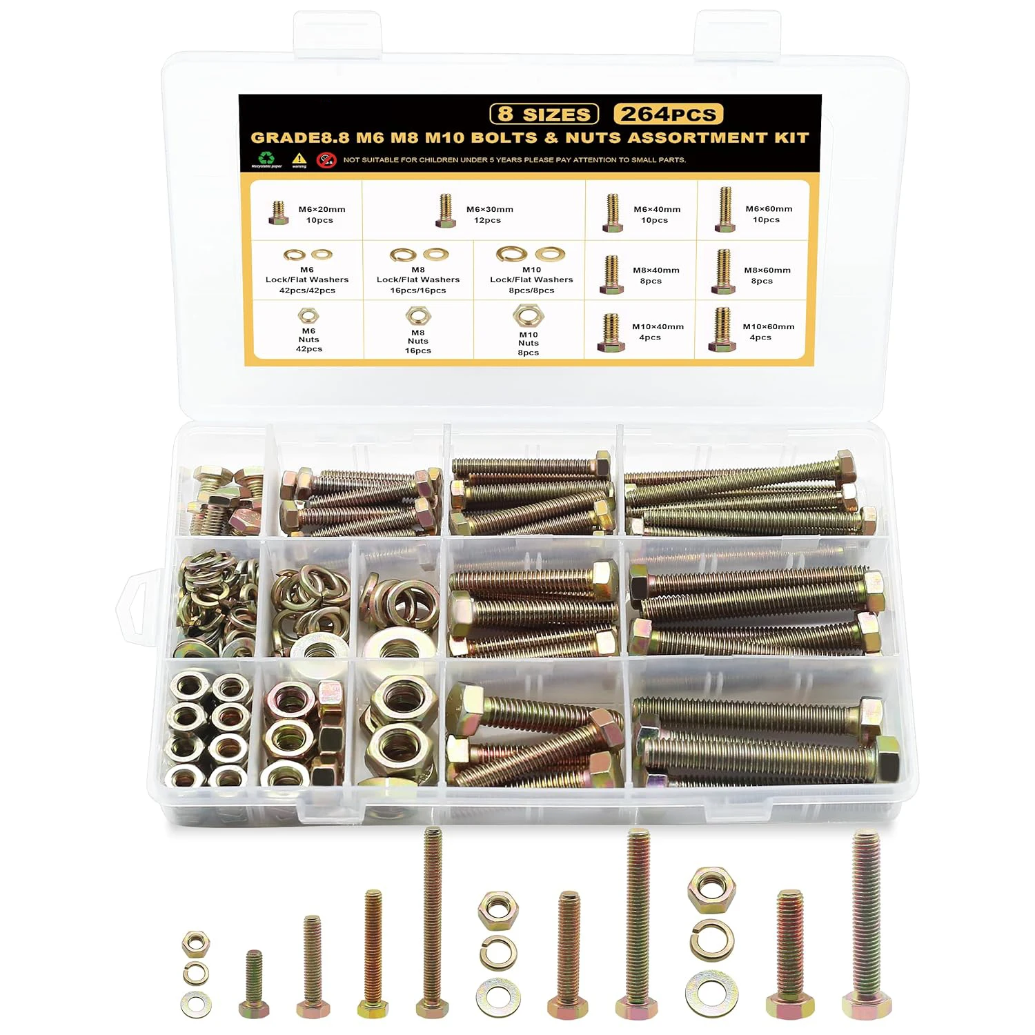 

264 PCS Heavy Bolts and Nuts Set for M6, M8, M10 Sizes, 8.8 Grade Metric Set of Hexagon Head Bolts, Nuts and Flat Washers