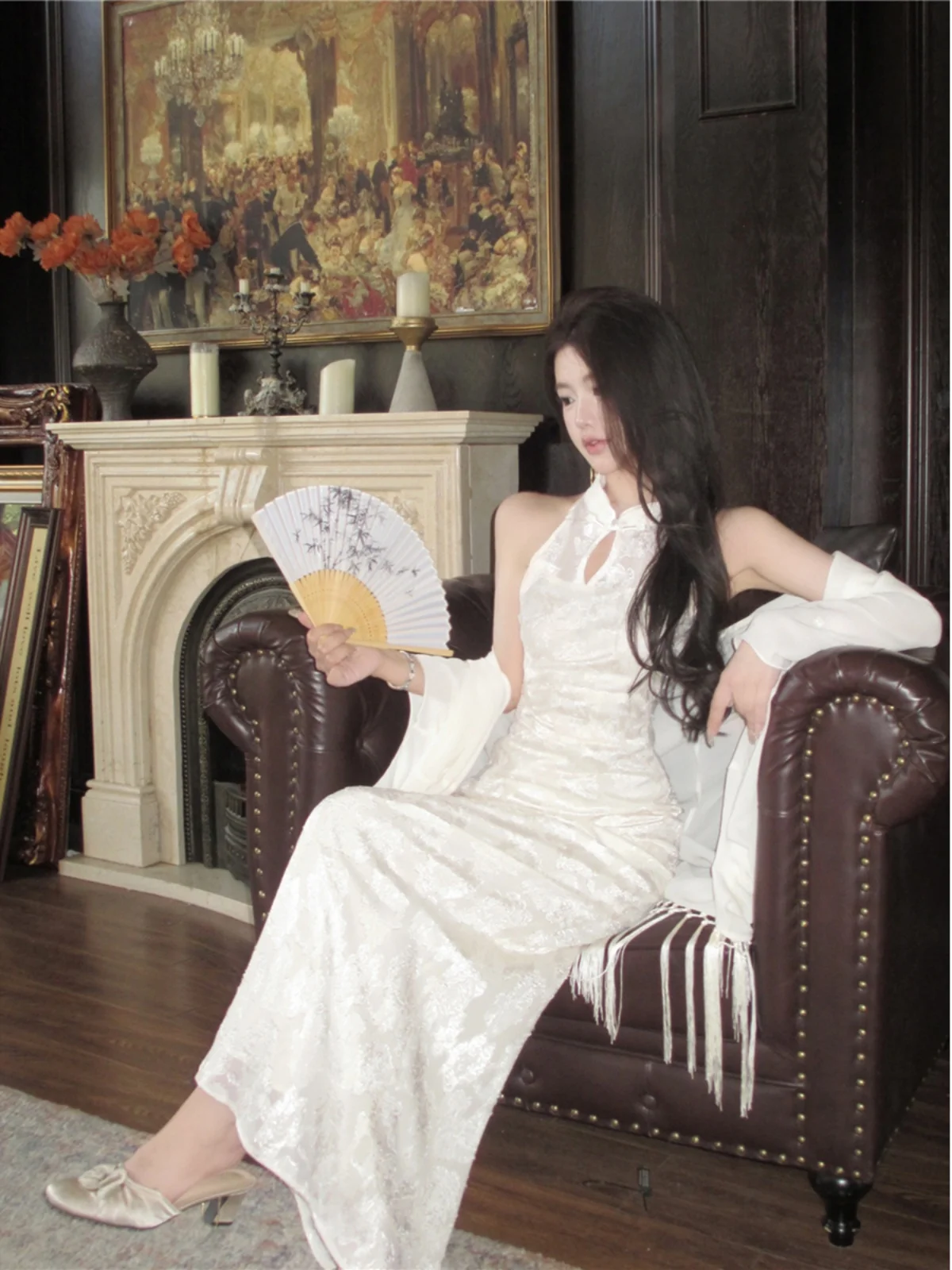 Ele New Chinese Sle Svel Ne Hanging Long Qipao Dr Women's Slim Fit Waist Cinched Skirt Lengthened Dr