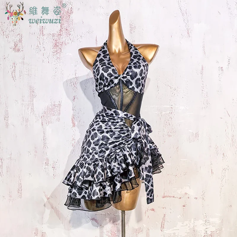

Latin Dance Dress Female Adult Ballroom Rumba Training Dancewear Sexy Leopard Print Backless Hollow Out Professional Costume