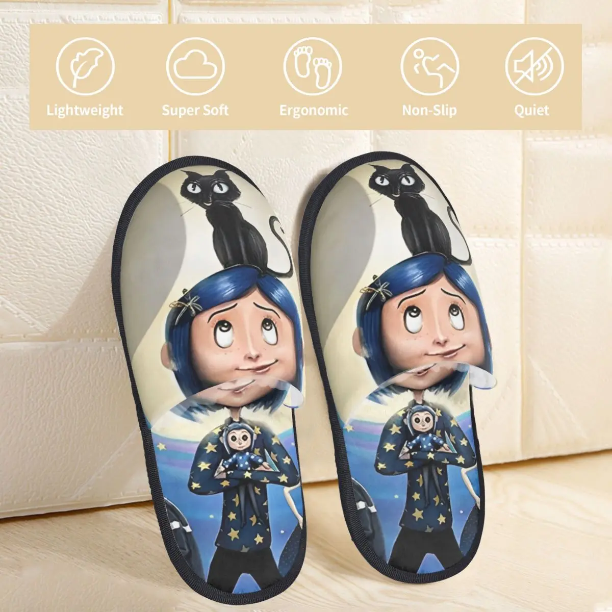 Coraline Doll Horror Cartoon Winter Cotton Home Slippers Living Room Cozy Household Fur Slides Slippers Non Slip