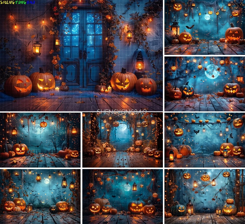 

Halloween Day Spooky Backdrop lanterns Cobwebs Creepy Vanity Filled Wicked Eerie Evil Scary Dark Night Forest Background OA-03