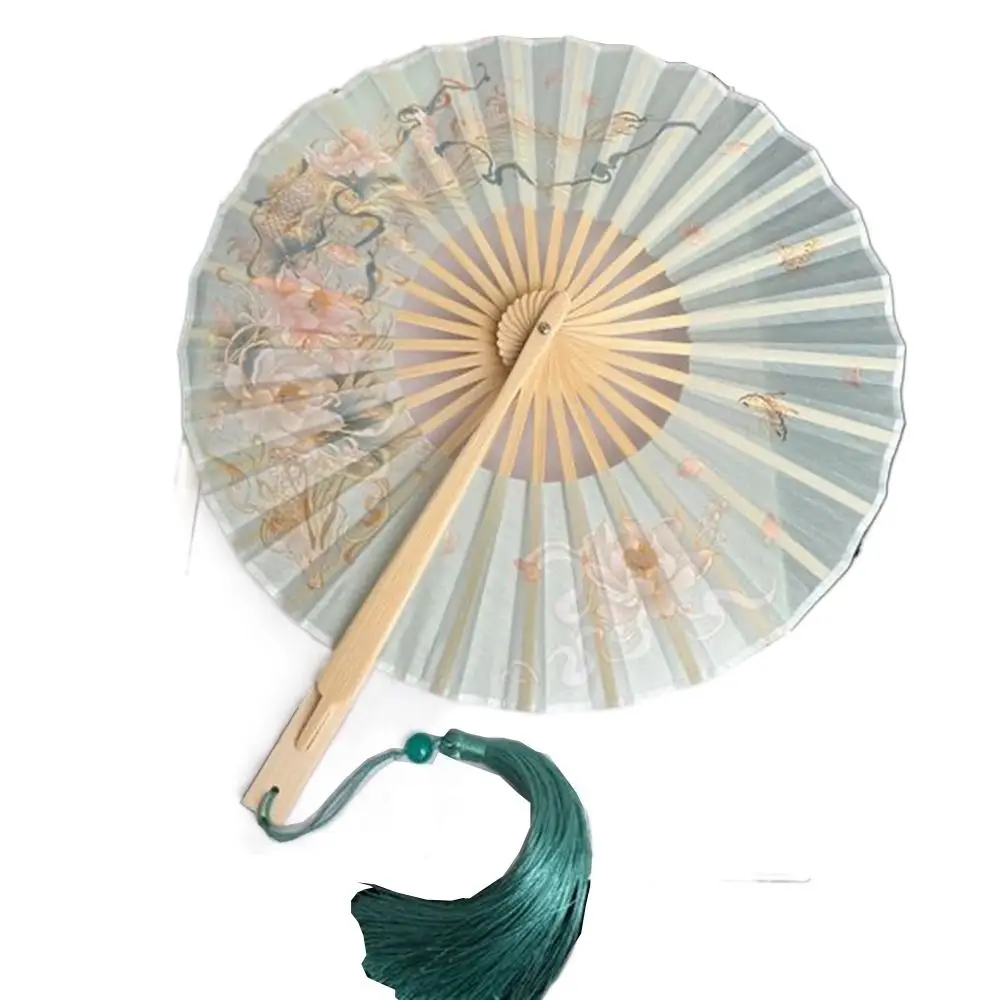 Vintage Handmade Round Bamboo Fan Portable Tassel Collapsible Hand Fan Chinese-Style Lightweight Dance Fan Cheongsam