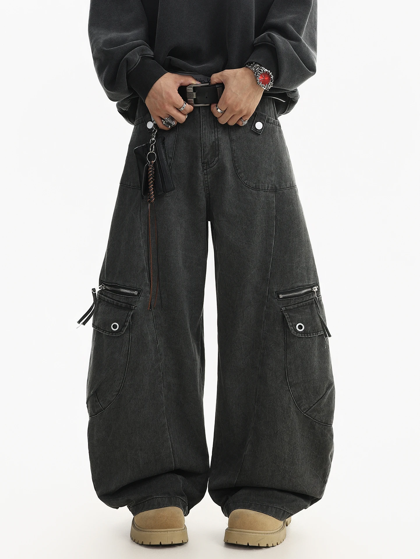 

American High Street Deconstructed Multi Pocket Workwear Jeans Men Spring New Washed Hip Hop Knife Pants Straight Leg Lo...