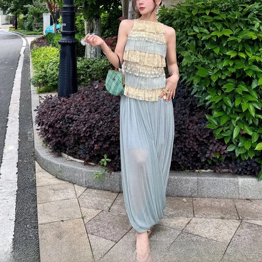 

Original Blue Mist Layered Knot Set Women's Fashion Summer Outfit Lace Patchwork Tulle Two-Piece Suit round Dot Pattern