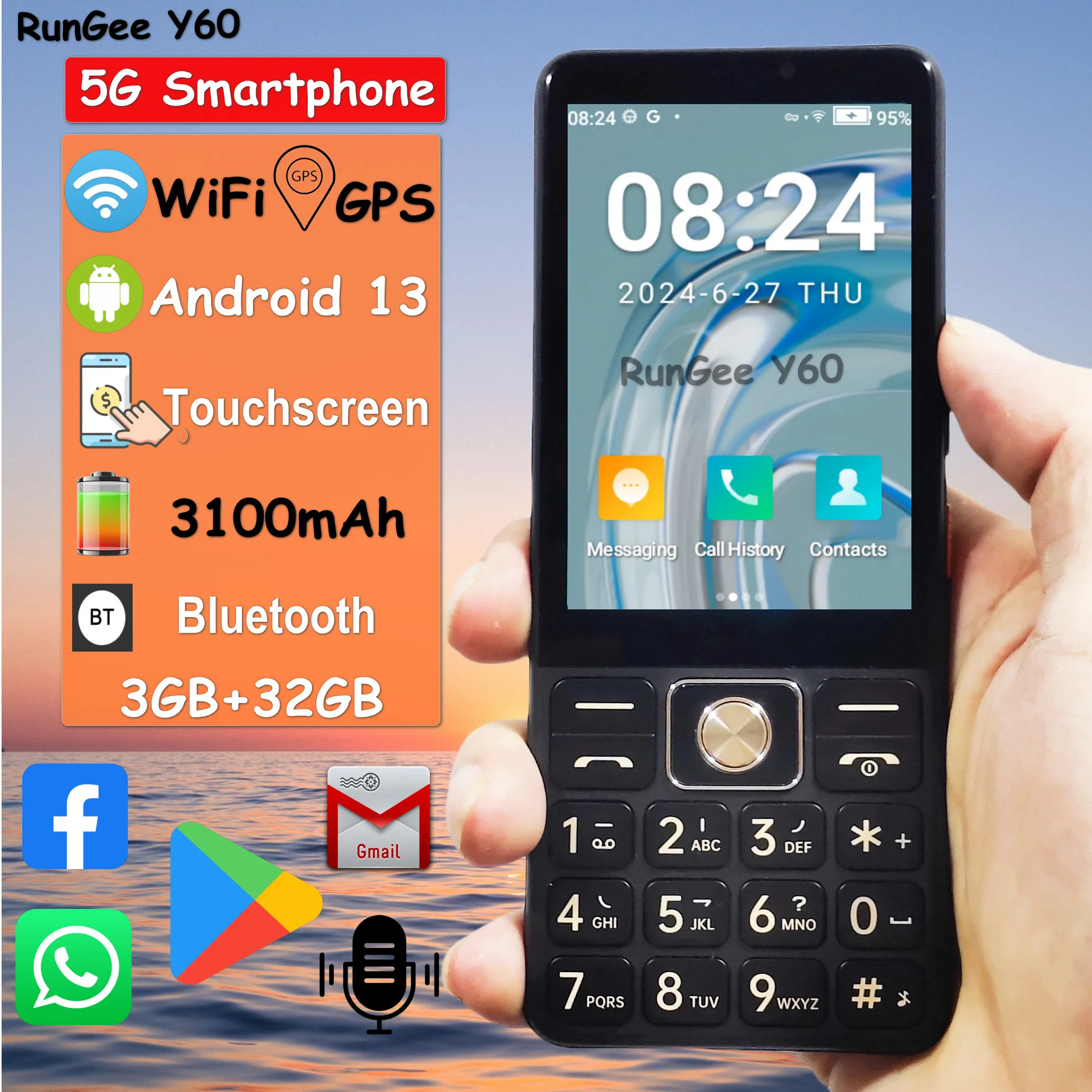 

Google play Rungee Y60 Zello 5G Touch screen Anadroid 13 GPS Wifi SmartPhone 3GB RAM+32GB ROM WiFi 3000mah Zello PTT Phone