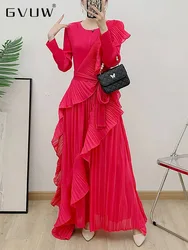 GVUW Pleated Ruffles Dress Women Full Sleeve Round Collar Chic Style Lace-up A Line Evening Party New 2024 Long Dresses 17G8488