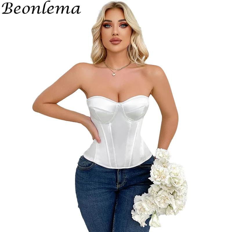 

Beonlema Women's Evening Corset Overbust Bustiers With Bra Lace Up Sleeveless Body Shaper Lingerie Ladies White Clothes