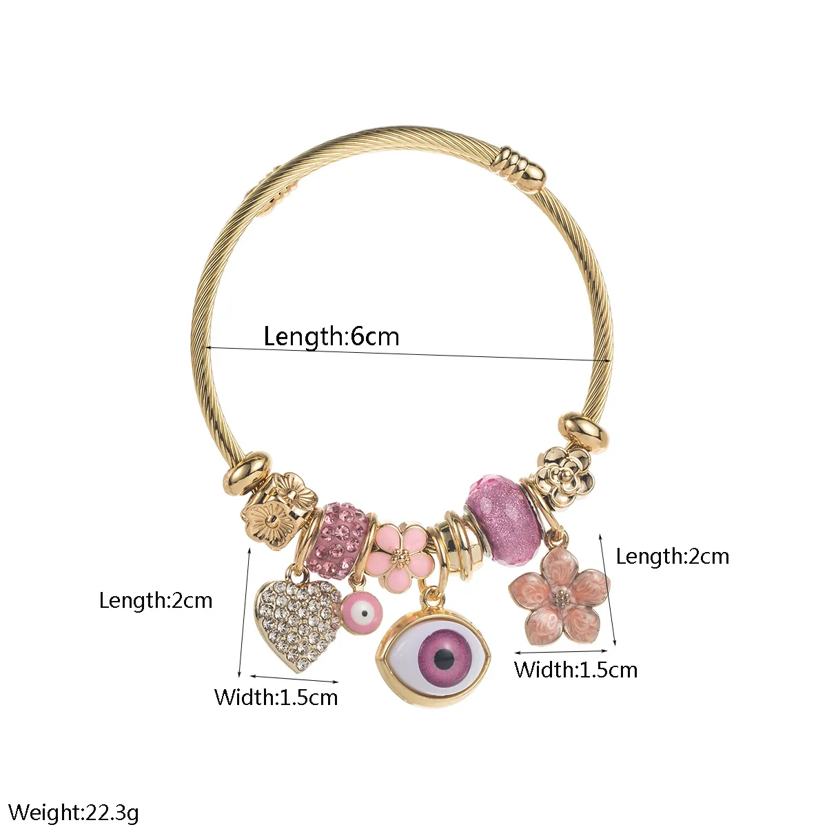 New stainless steel beaded bracelet with demon eye flower-shaped diamond-studded heart pendant and adjustable wristband