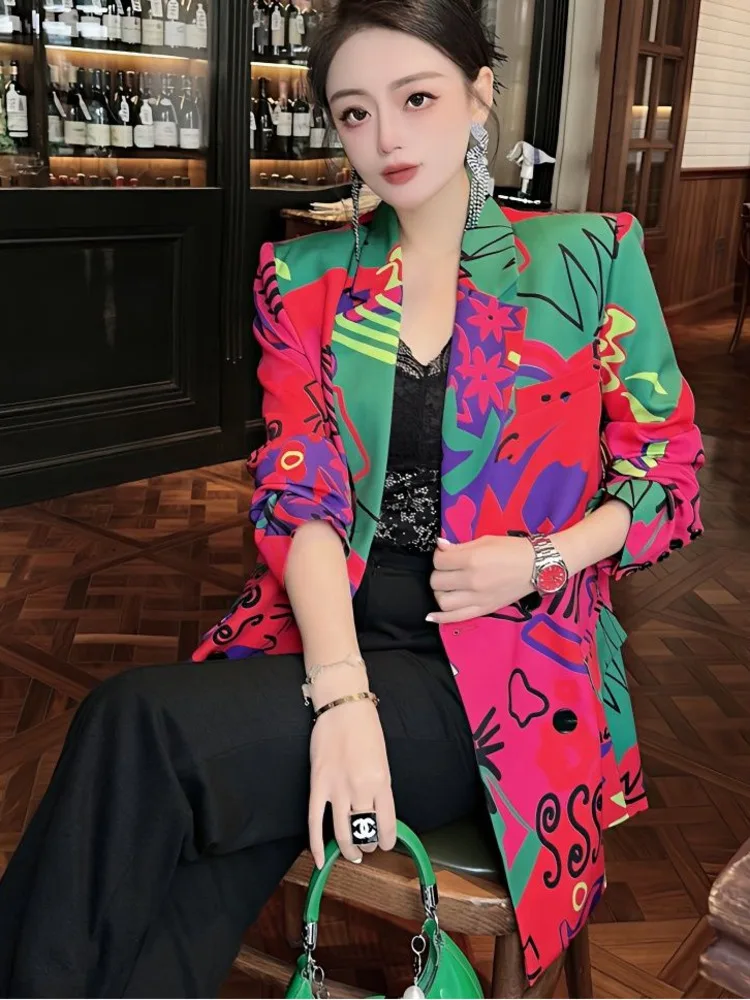 Blazer Women Korean Fashion Long Sleeve Printing Casual Lapel Chic High Street Elegant Temperament Women Blazer Streetwear