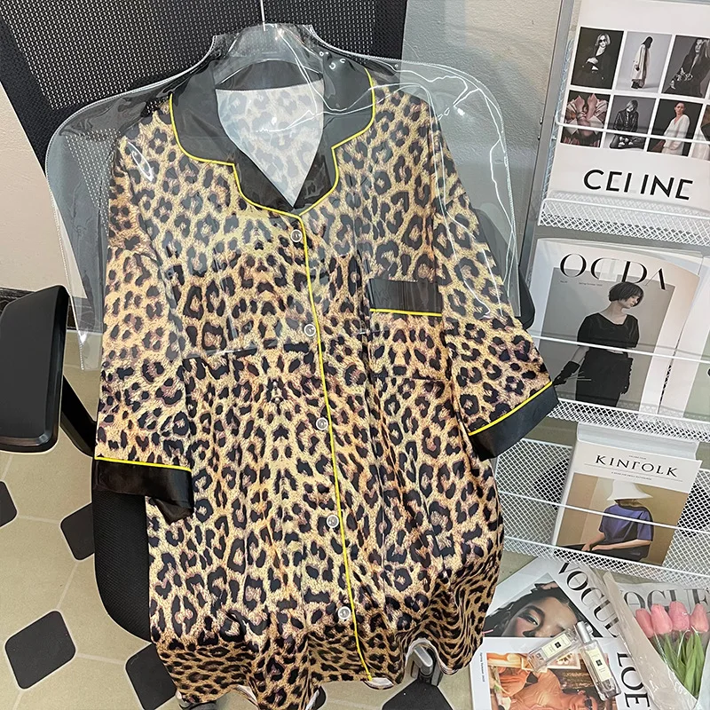 

Summer Sexy Leopard Print Nightdress for Women Boyfriend Style Short Sleeves Oversized Design Homewear Actual Product Photograph