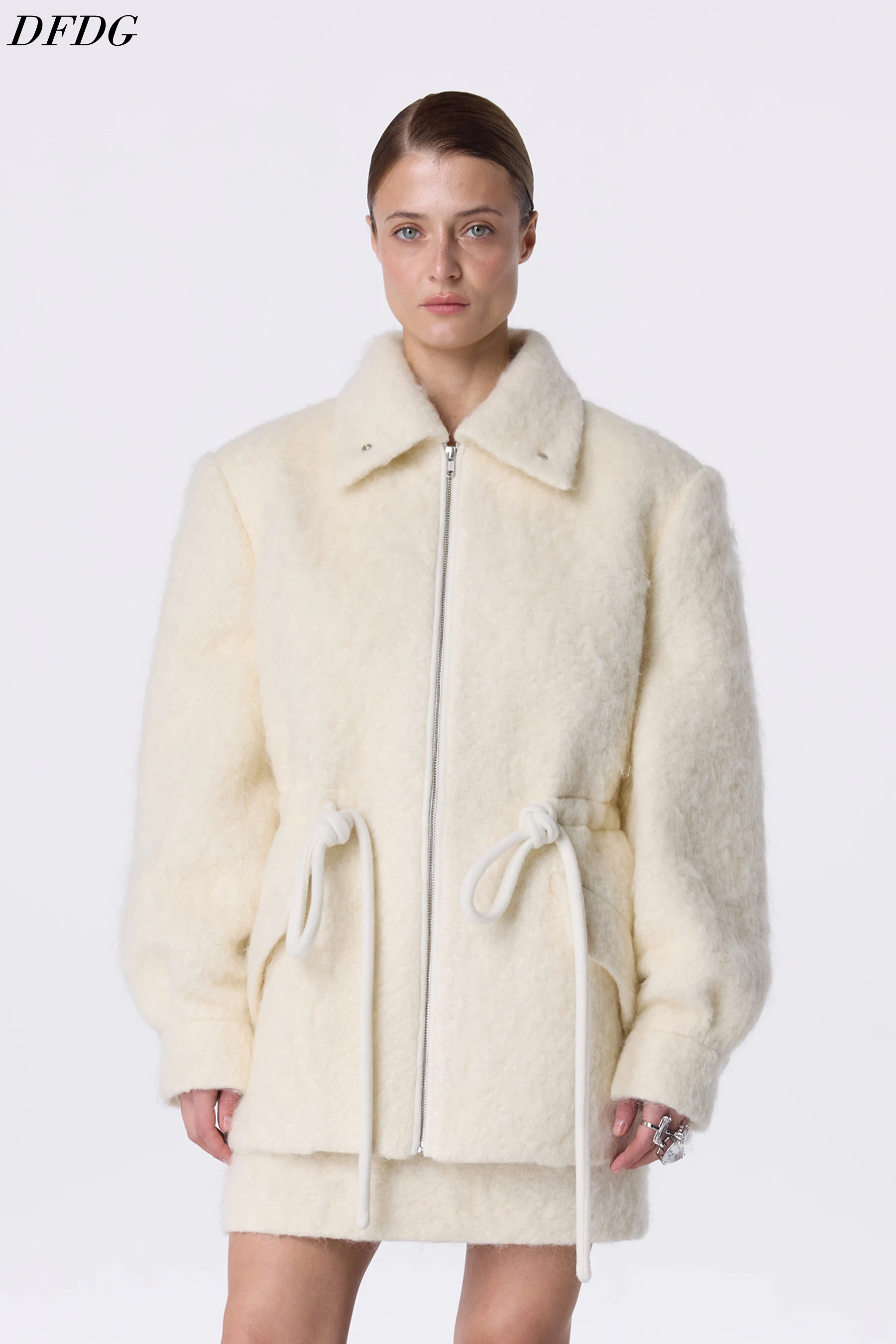 DFDG Women 2026 Faux Fur Wool Blend Short Coat Lapel Collar Zip Front Drawstring Waist Oversized Fluffy Warm Winter Outerwear