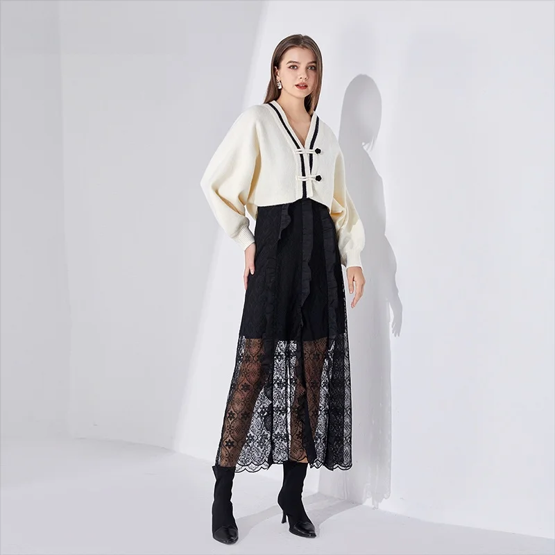 

Dailanzhi Autumn New Arrival Long Black White Color Block Two-Piece Set Dress Elegant V-Neck High Waist A-Line Skirt