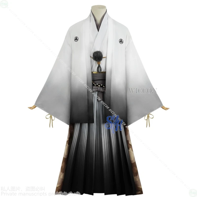 Anime juego de terror F Cosplay Kotoyuki Fox Man Tsuneki disfraz Kimono japonés vestido largo degradado negro máscara 3D pendiente Halloween