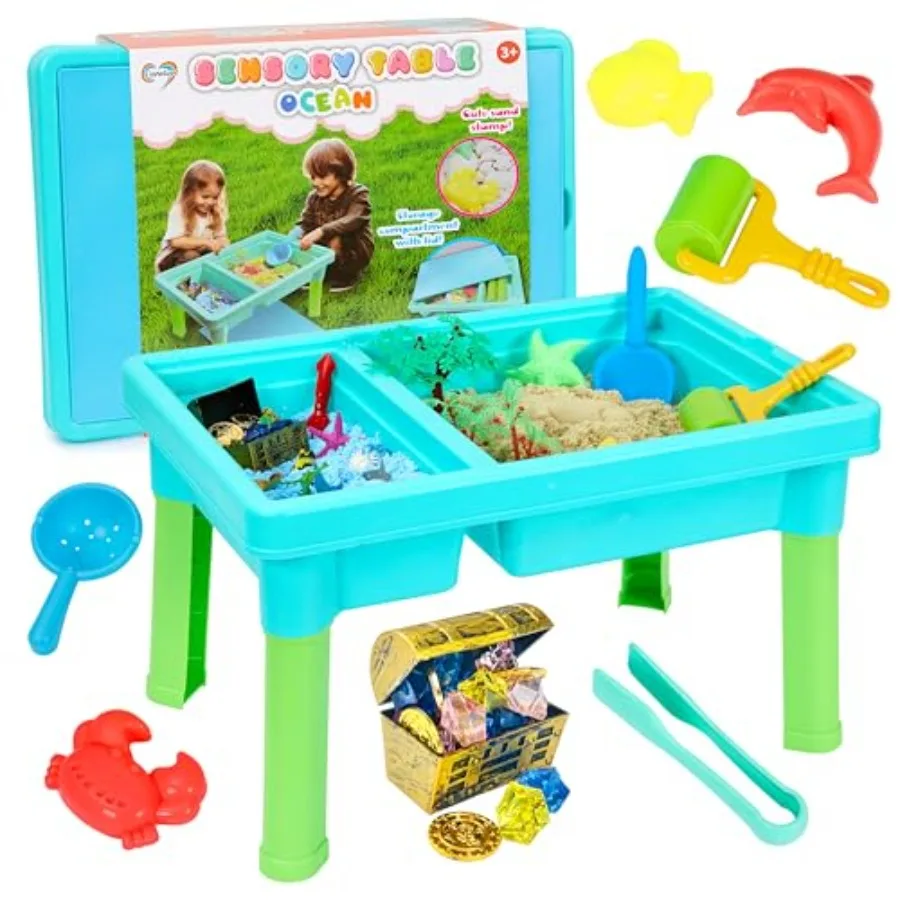 

Сенсорный стол Ocean с песками, контейнер с крышкой для использования в помещении и на открытом воздухе, набор для песка для мальчиков и девочек, игрушки для малышей 35 17x11,5 лет