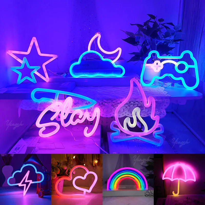 LED Neon Sign Light Double-sided Luminescence Night Lamp Strip Cloud Moon Star Fire Gamepad Xmas Hat Decor Room Wall Shop Party