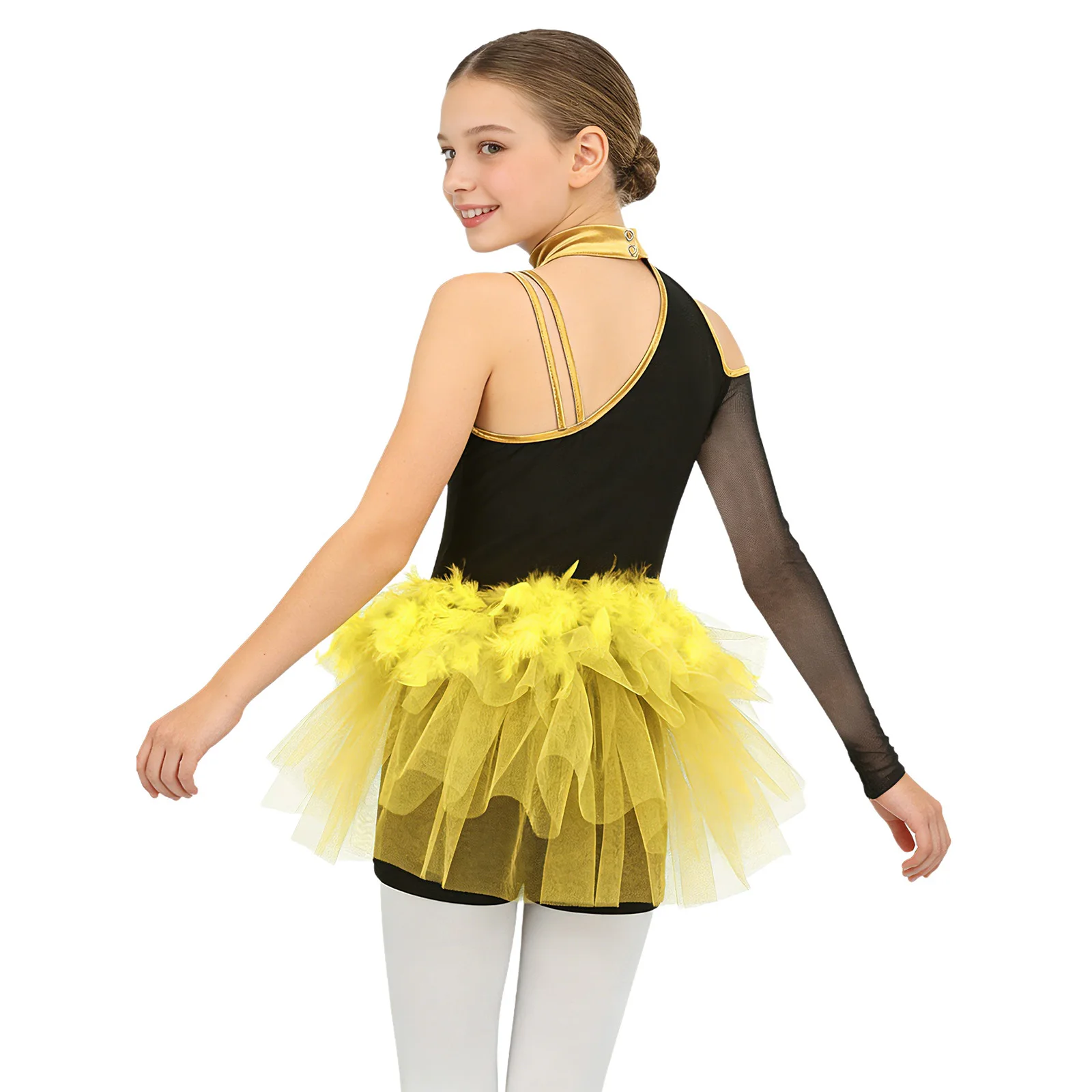 Kids Girls Latin Jazz Dance Jumpsuit  One Shoulder Sparkly Sequins Bodice Feather Tulle Tutu Skirted Leotard Stage Competition