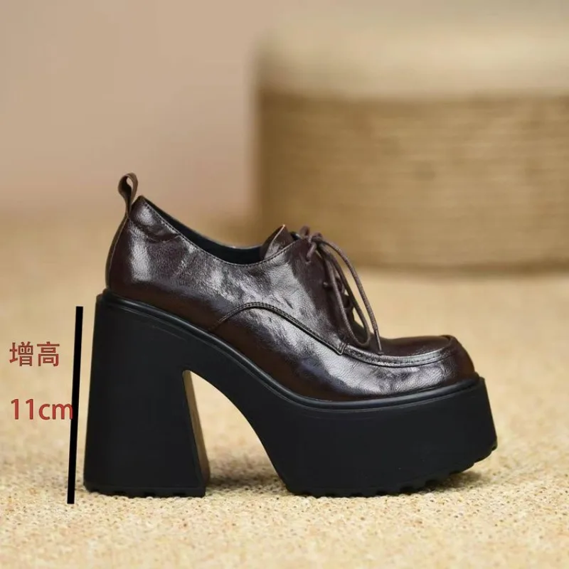 Women's New Arrival Embossed Cowhide Cross-Tied Platform Retro British Style Square Heel Stitched Minimalist Loafers